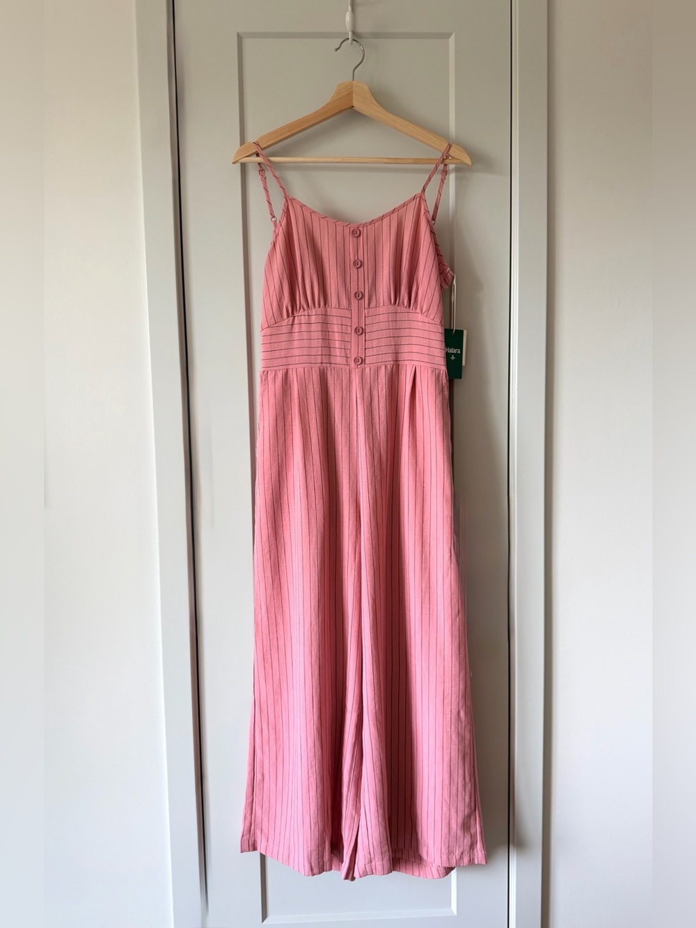 Halara Tie Back Cut Out Stripe Linen-Feel Slip Jumpsuit with Pockets – NWT - Picture 9 of 12
